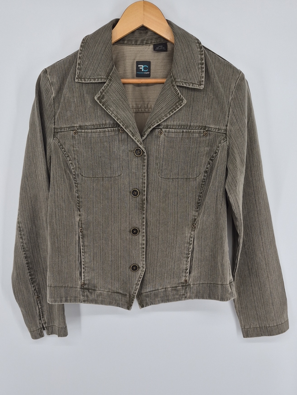 French Cuff Denim Jean Jacket Women's Size Large Textured Pockets Cotton Button